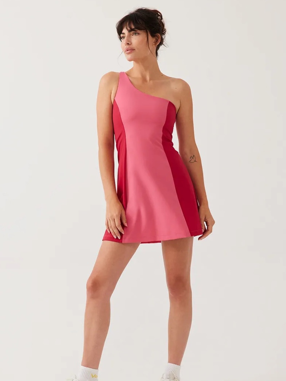 Outdoor Voices One-Shoulder Colorblock Dress in Pink and Raspberry